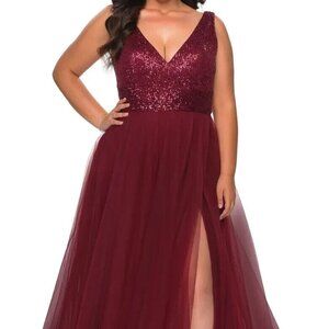 La Femme Curve Red Wine Sequin Bodice Tulle Ballgown